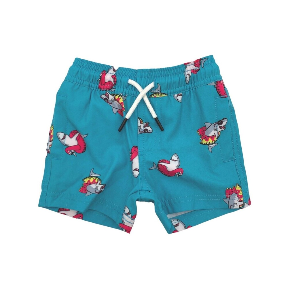 Sovereign Code Pool Shark Print Swim Shorts Boys 24M Teal Blue Elastic Waist NWT